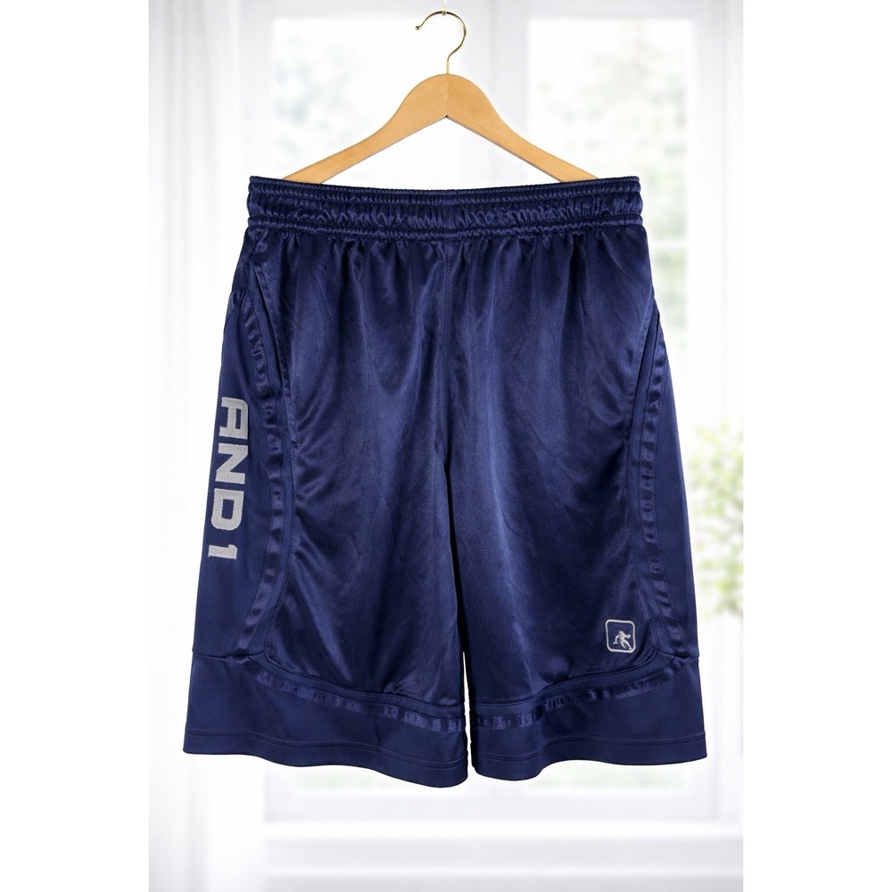 AND1 Shorts Mens Small Navy Blue Basketball Athletic Mesh Dazzle Pocket Shinny‎